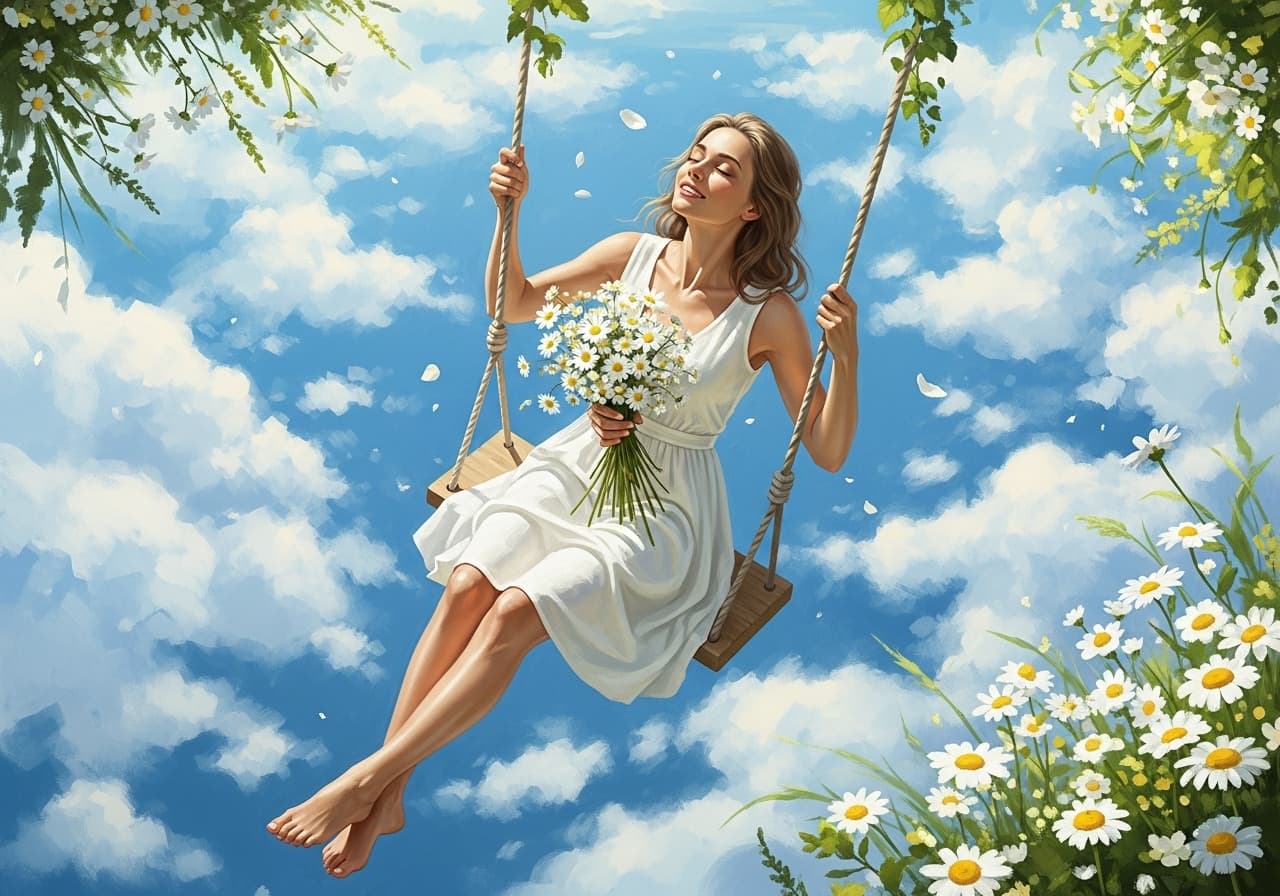 AI generated: Young, light-skinned woman, mid-20s, seated on a swing high above the clouds, a carefree expression....