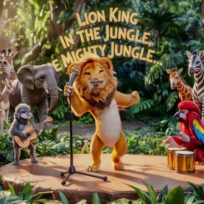 AI generated video: A 3d render video of a miniature concert stage situated within a lush jungle clearing, where a playf...