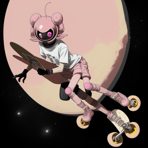 AI generated: Image of a inhabitant of Pluto, with three legs, five eyes and pink color driving a skateboard, anim...