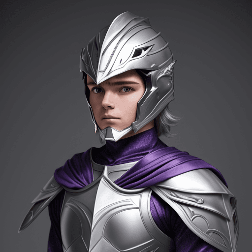 AI generated: a boy wearing silver brushed armor and helmet, with inner cloth made from purple silk, high details,...