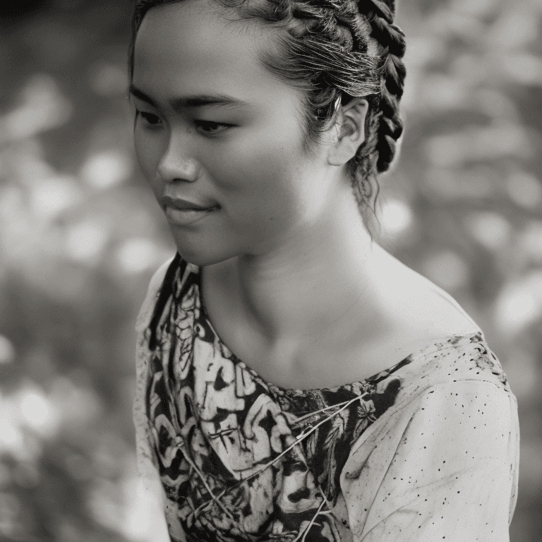 AI generated: A close-up portrait of a young indonesia woman with contemplative brown eyes and a side braid. Her o...