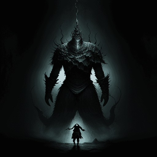 AI generated: warer in a black room Dark souls woth monsters all arownd him.
