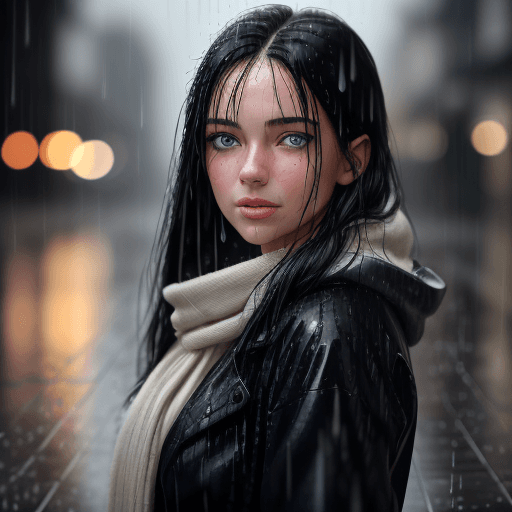 AI generated: generate a photorealistic close-up portrait of a beautiful girl standing in the rain on a street wit...