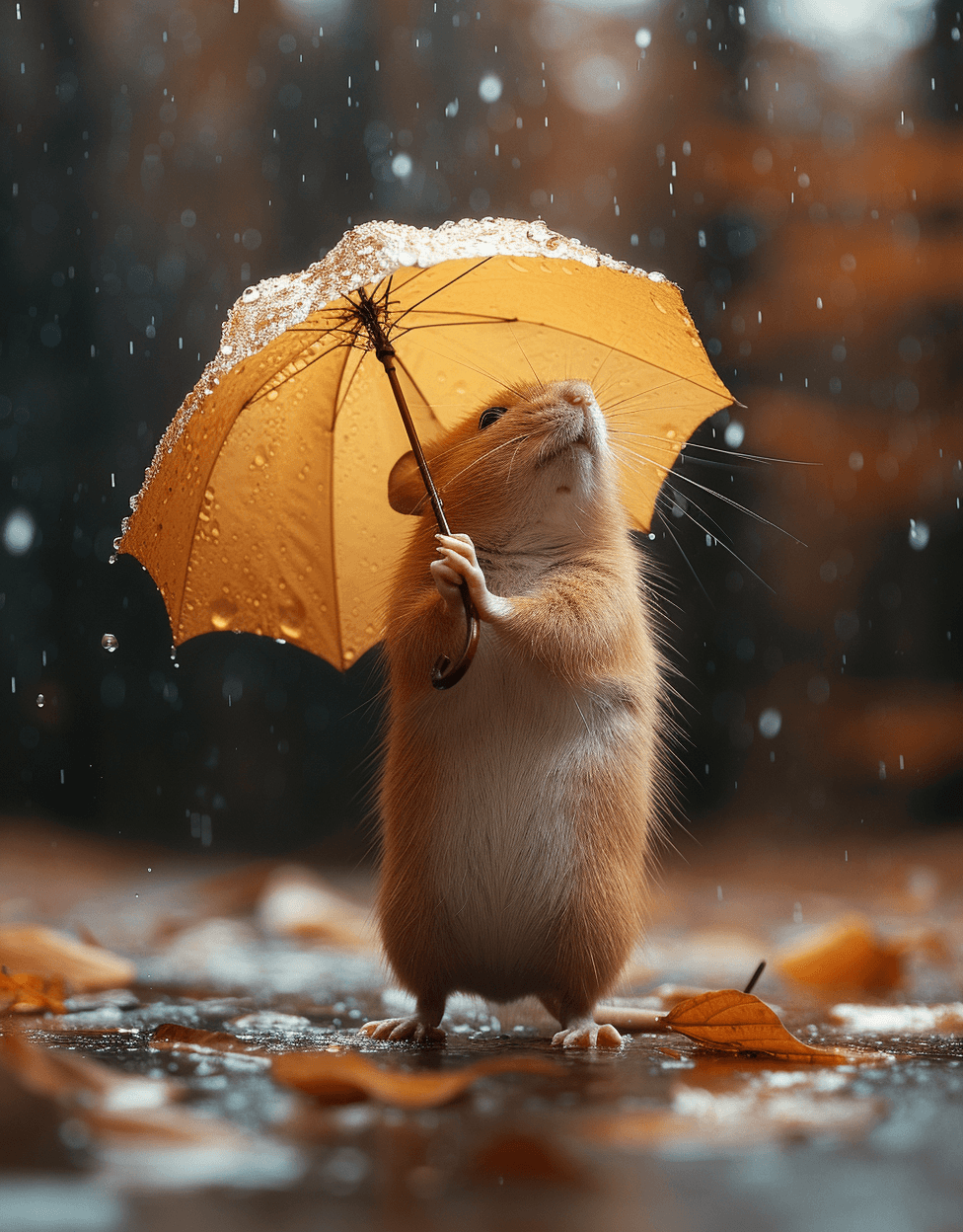 AI generated: a rat holding a leaf like an umbrella hiding from the rain --ar 25:32 --style raw --stylize 750