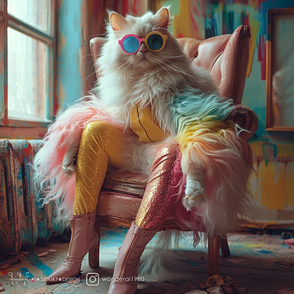 AI generated:  full body photograph of an extremely beautiful and glamorous albino chubby cat with long white fur,...