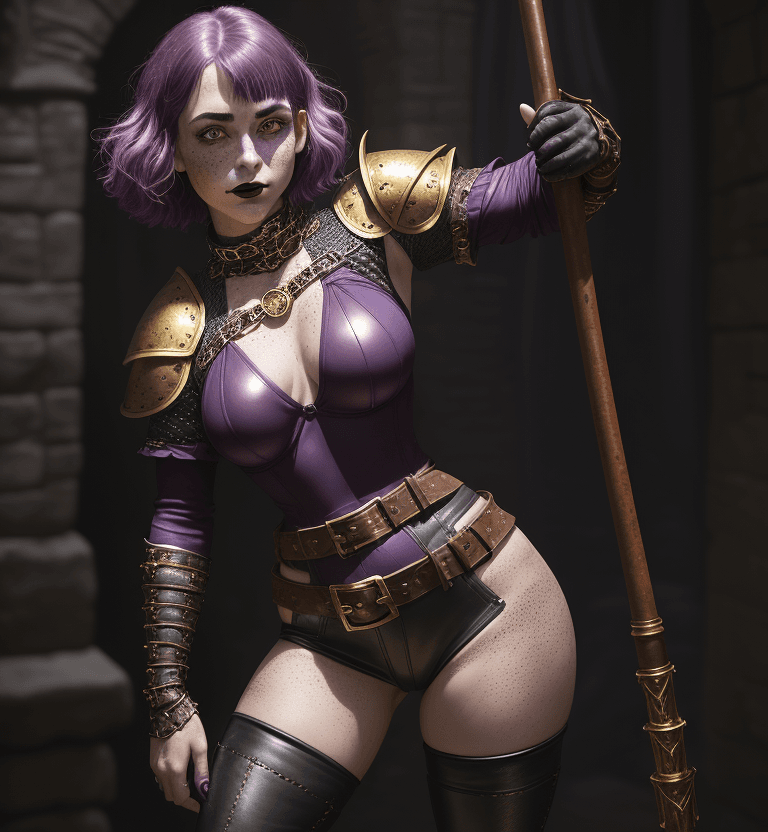 AI generated: It is D&D world, dynamic pose, girl, she is looking up at the camera, eyes squinted, dark lipstick, ...