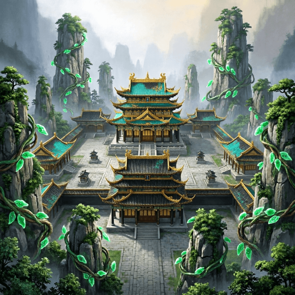 AI generated: Create a lager Chinese style Palace colored Gold and Black with hints of Teal with 7 main courtyards...