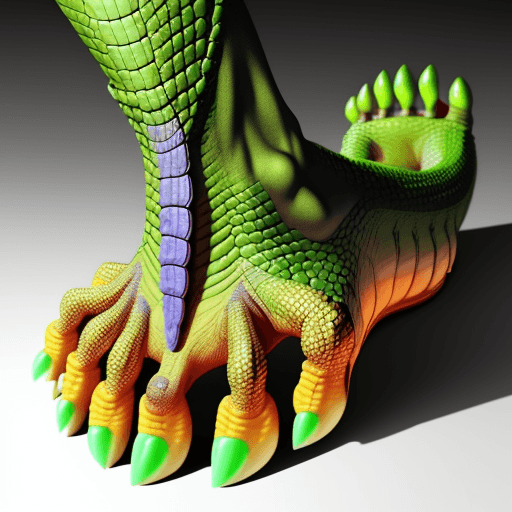 AI generated: a human foot similar to a dinosaur's foot with reptile claws instead of human nails
