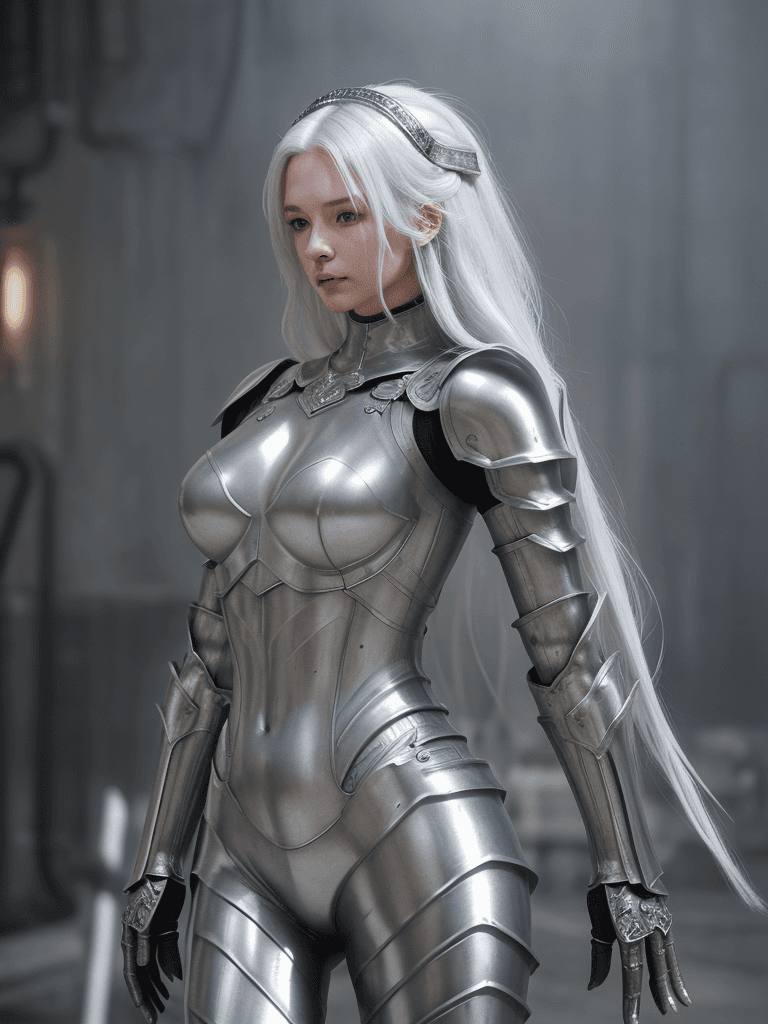 AI generated: This image depicts a woman clad in a silver suit of armor, posing confidently in a dark, industrial ...