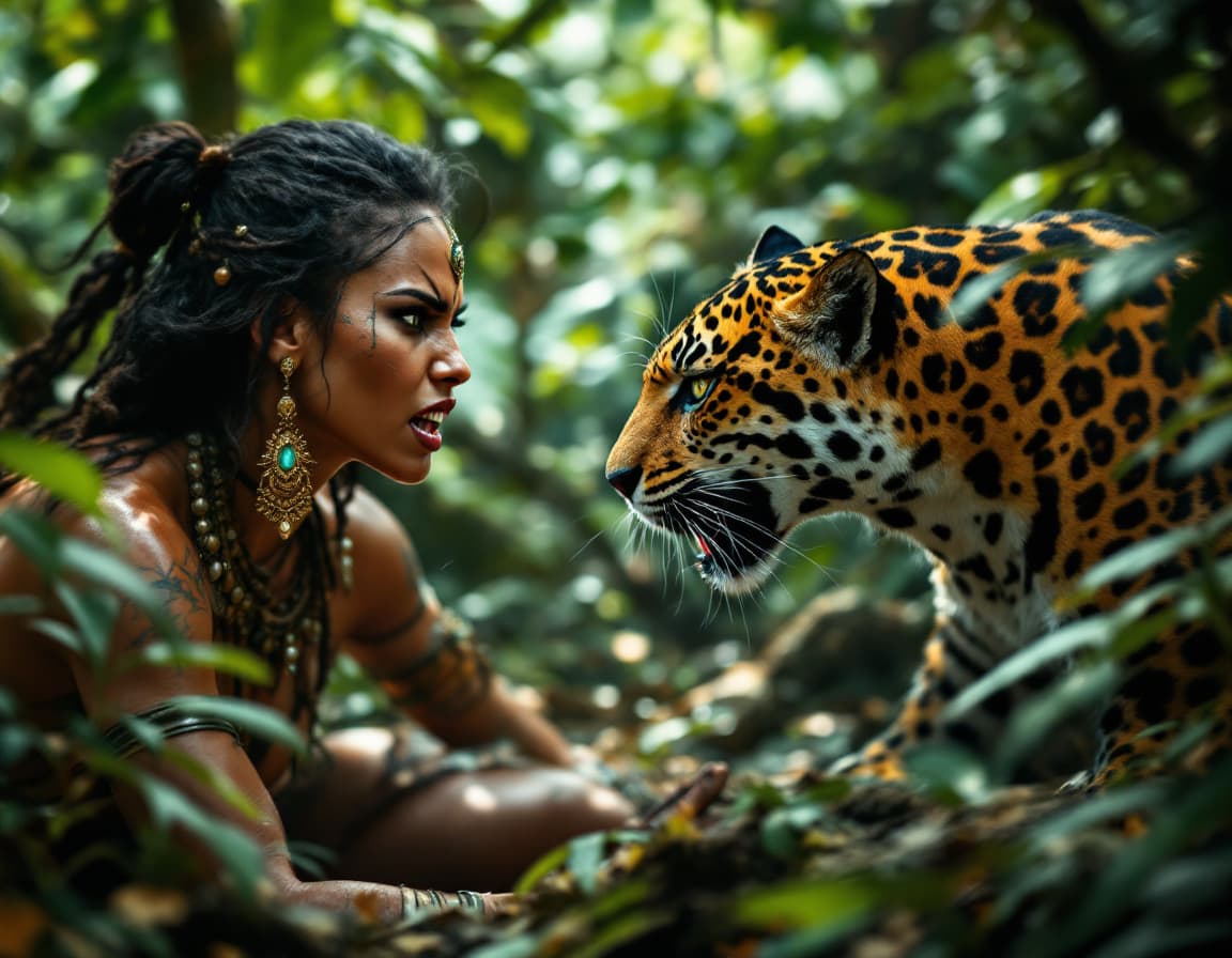 AI generated: (side view, picture) In a lush, overgrown jungle, a fierce (angry expression) and agile warrior-quee...