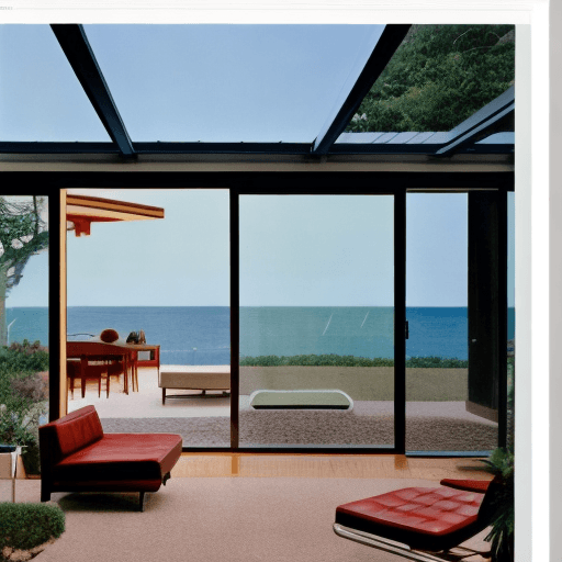 AI generated: Hyper realistic eye level exterior photo of a mid century modern style house overlooking the ocean, ...