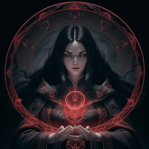 AI generated: A female warlock with long black hair wearing ornate red robes, Casting a Spell, Swirling magical en...