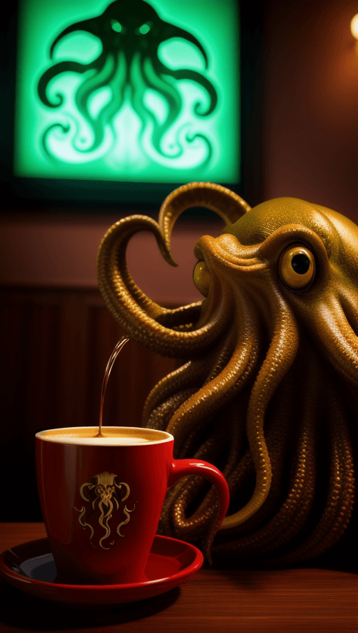 AI generated: cthulhu drinking coffee, hyperrealist, hyperrealism, photorealistic, UHD, 8k