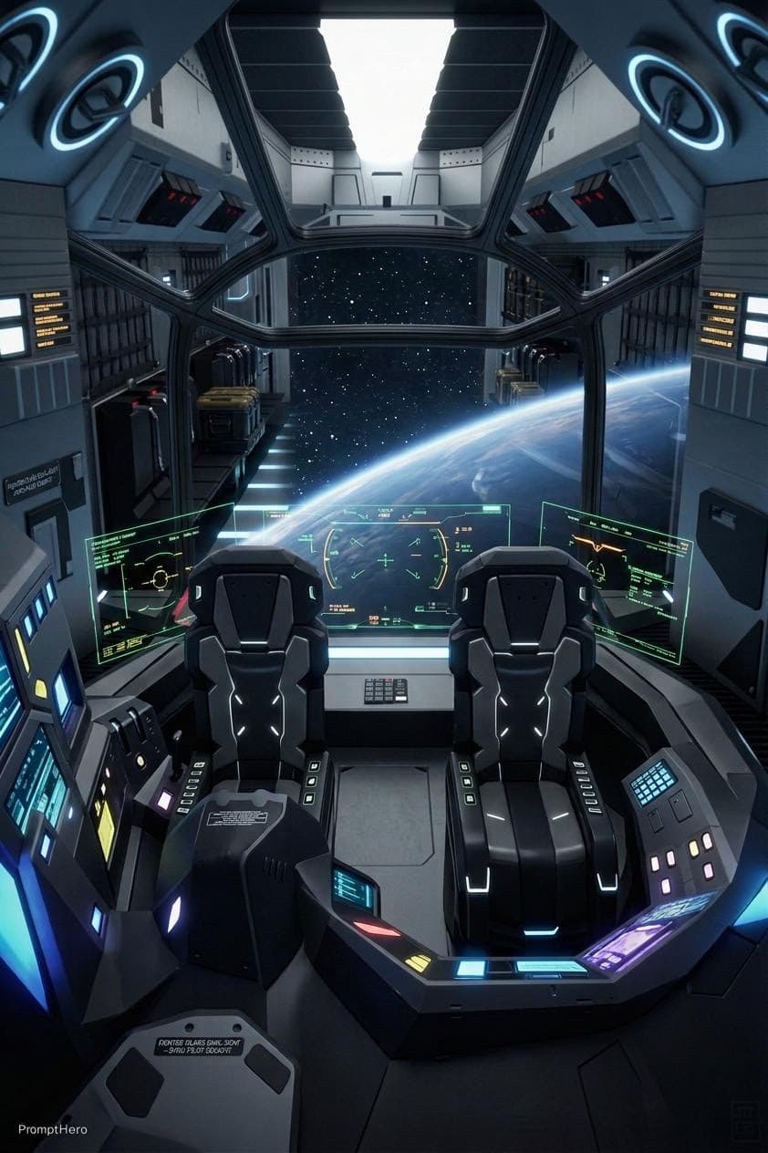 AI generated: Prompt:
A compact Fighter-Class starship dual-seated cockpit engineered for high-speed interception,...