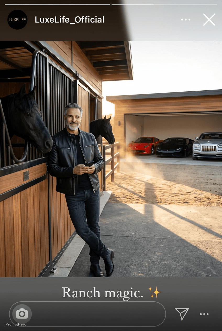 AI generated: Ultra realistic smartphone photo, Instagram story style, billionaire luxury ranch at sunset, modern ...