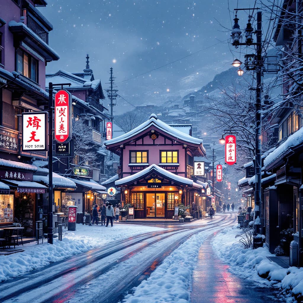 AI generated: Hot spring hotel in the middle of a busy Japanese street in the snow.  The background is a pink Japa...