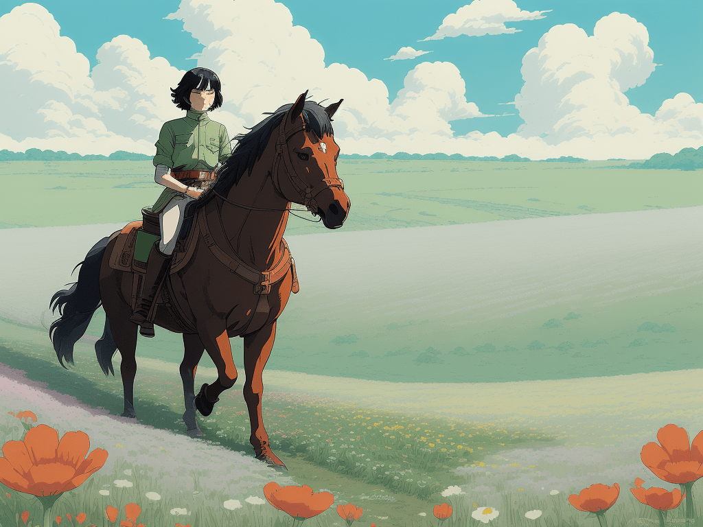 AI generated: A horse frolicing in a field of flowers, style of laurie greasley, studio ghibli, akira toriyama, ja...