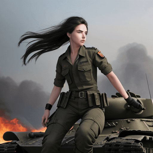 AI generated: A young resistance man, on top of a burning military tank, HD, full body, showing strength and anger...