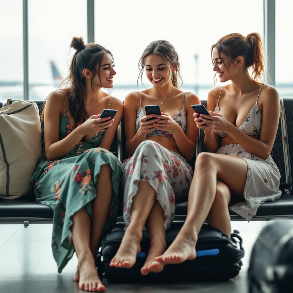 AI generated:  Three Mongolian adult female friends, in summer dress, going commando, legs open appart, at the air...