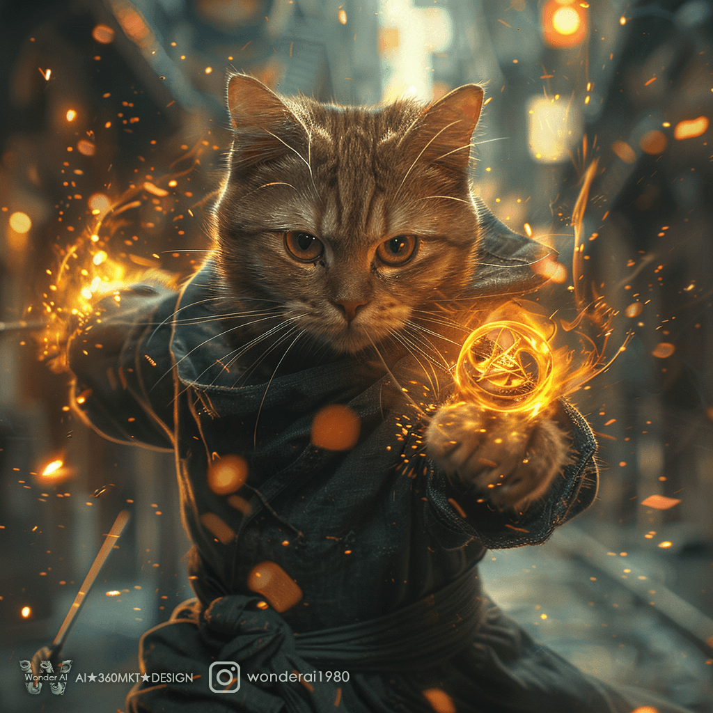 AI generated: an anthropomorphic cat wearing black linen is depicted in an action pose, swirling fire with an arro...