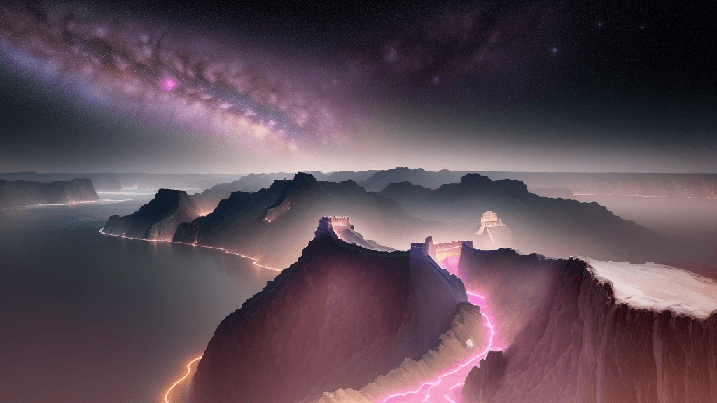 AI generated: This is a surreal and complex cg rendering at night, the light pink sky covers the great falls on th...