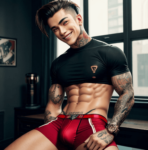 AI generated: A teen smiling at the camera boy with a perfect jawline and face, a 10 pack in a extremely extra sho...