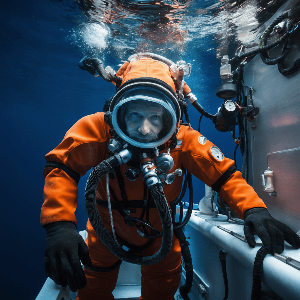 AI generated: An adventurous 40-year-old deep-sea explorer, dressed in a high-tech diving suit and holding a myste...