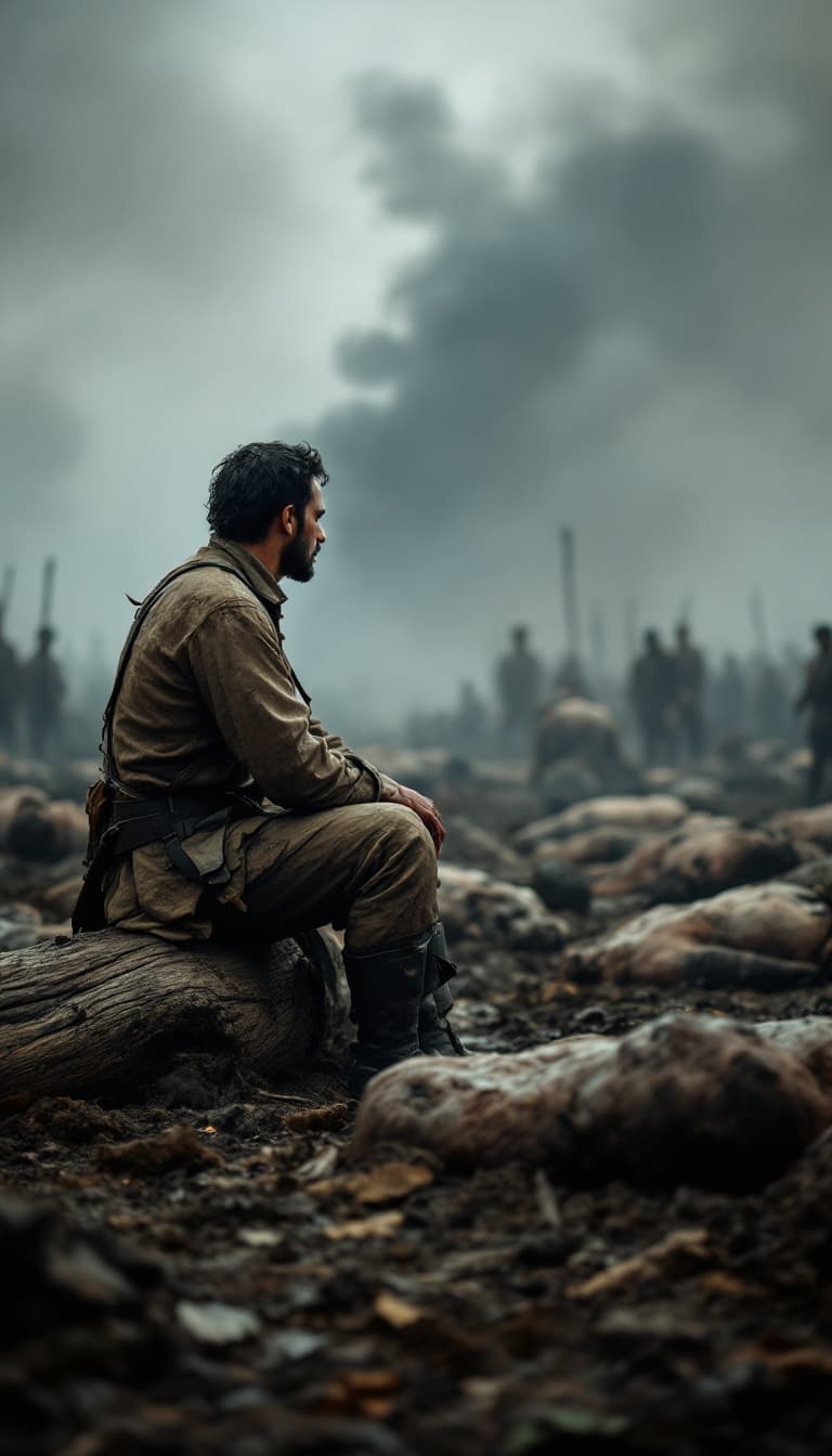 AI generated: Soldier Mateo sitting alone on a log, staring at the dirty field with a sorrowful expression, in the...