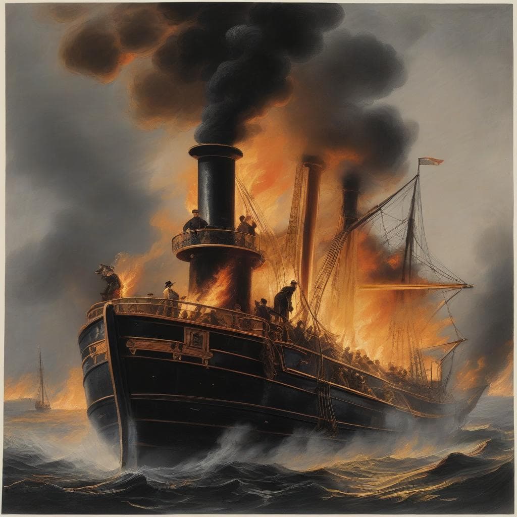 AI generated: burning Helmsman of a 19th century steamer is holding the rudder steering wheel firmly, while a fire...