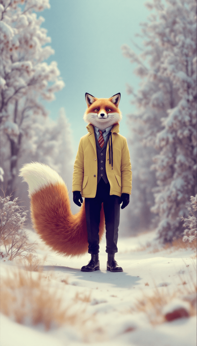 AI generated: anthropomorphic fox, By Wes Anderson  --v 4 --q 2