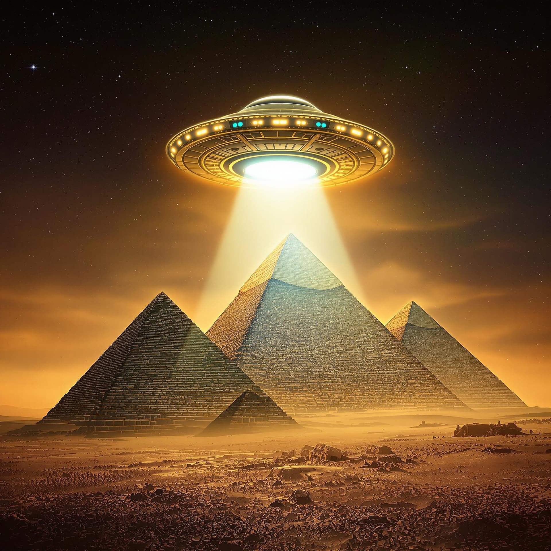 AI generated: UFO hovering over Egyptian pyramids, Ancient Egypt, Highly realistic and detailed