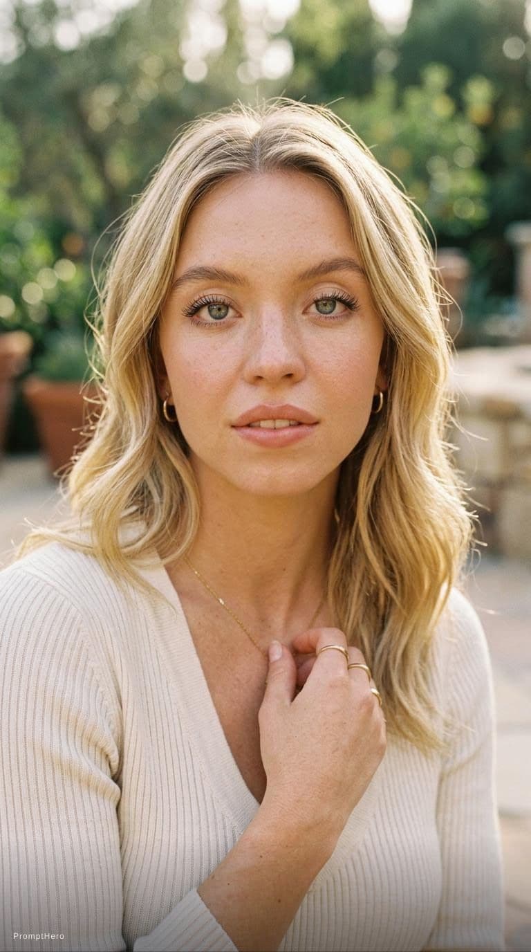 AI generated: Photorealistic portrait of a woman resembling Sydney S W E E N Y. Soft oval face with rounded cheeks...
