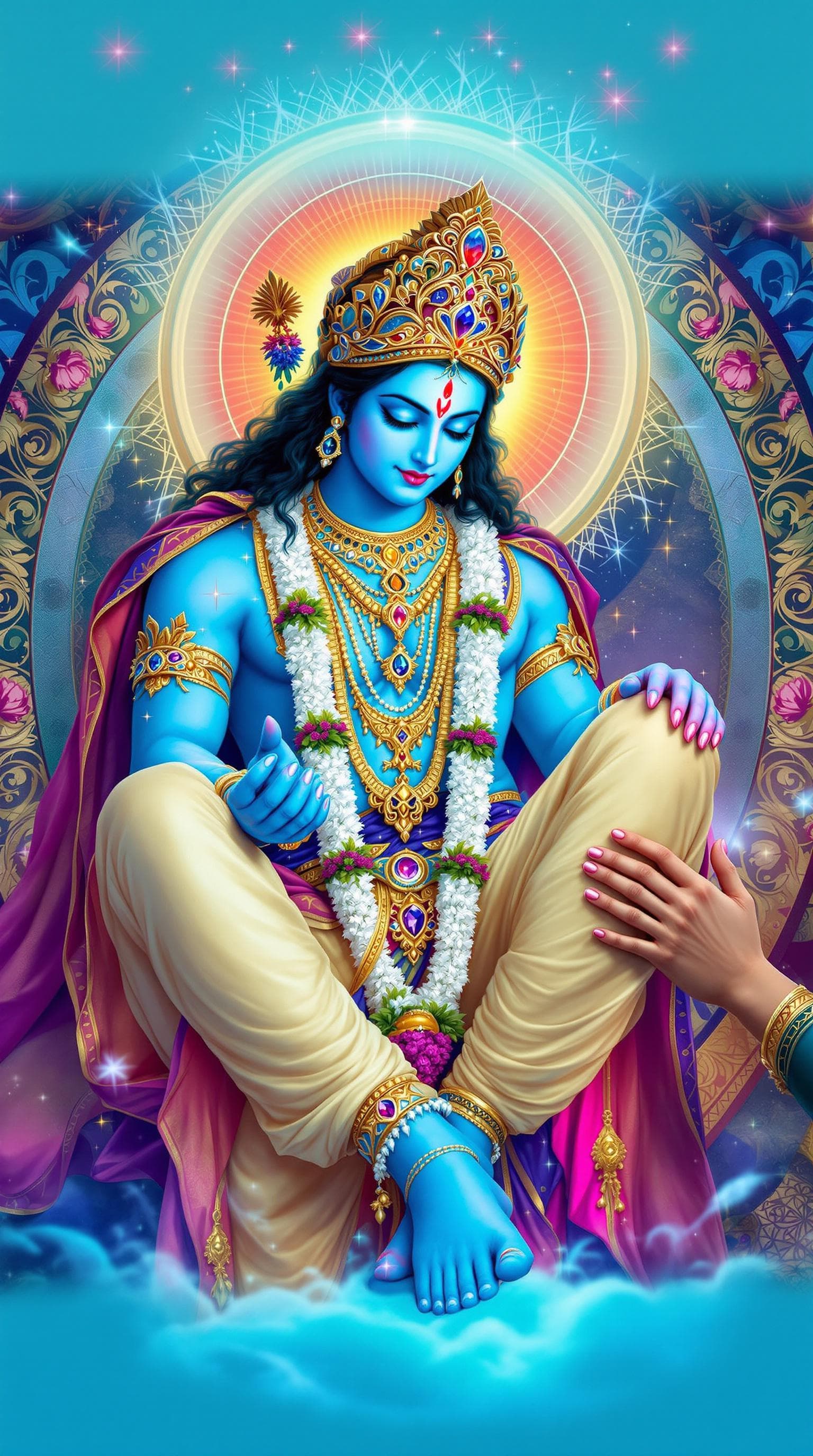 AI generated: The image depicts a divine figure with blue skin, adorned in elaborate jewelry and clothing, gently ...