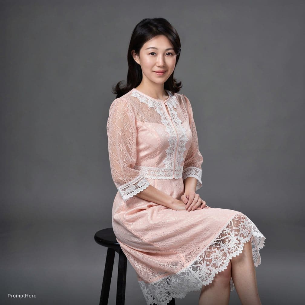 AI generated: 画面中央是一位二十岁出头的东亚女性，正摆出挑逗姿势。她留着有刘海的深色长发，身穿一套精致的浅粉色蕾丝泳衣，配有白色蕾丝装饰。她的表情温柔，带着柔和的微笑，眼神直接望向观众。她身材苗条，体格健美。左腿弯...