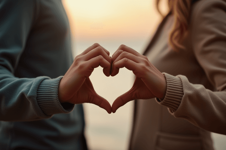 AI generated: A couple standing facing each other, their hands raised and joined in front of them to form a perfec...