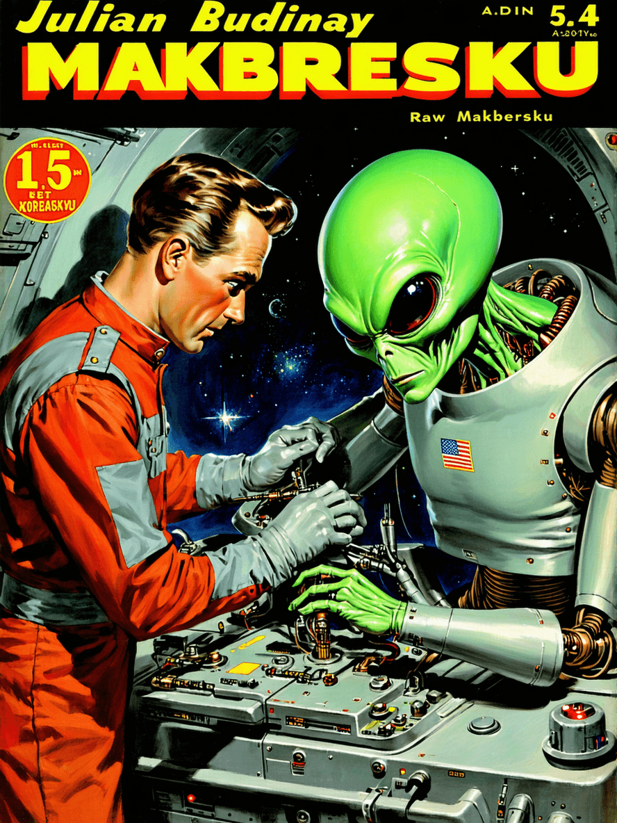 AI generated: A vintage pulp cover showing a space alien fixing a robot, with one man wearing a red and grey unifo...