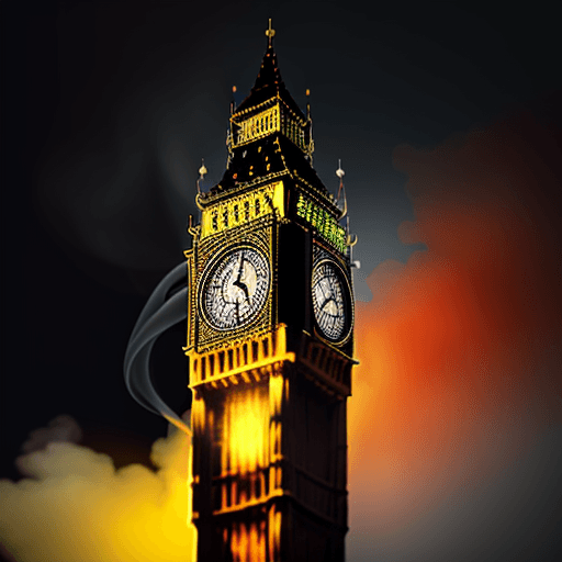 AI generated: big ben burning, glowing flames coming out of the tower, smoke, photorealistic