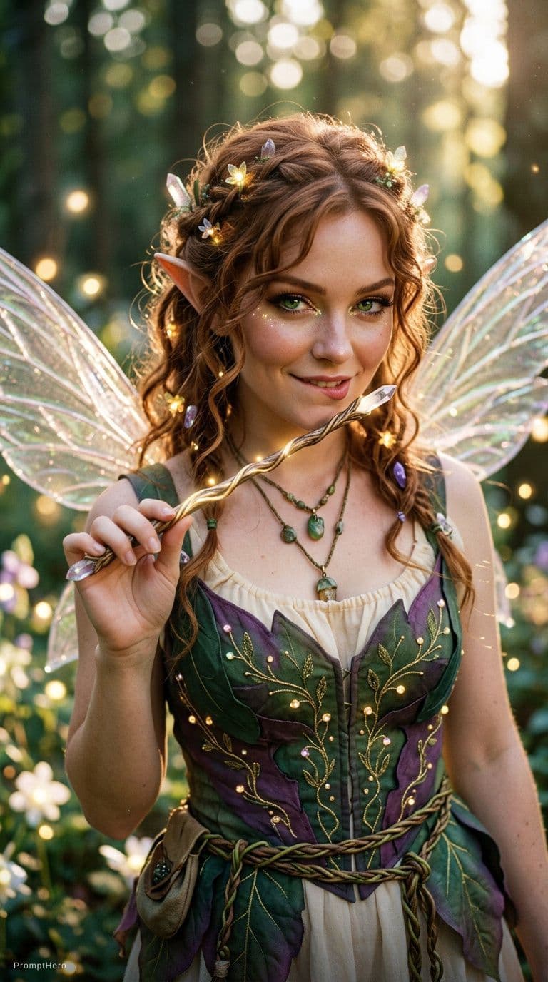 AI generated: Flirty teasing magical fairy personality: seductive smile, intense eye contact, cute giggles. She fl...