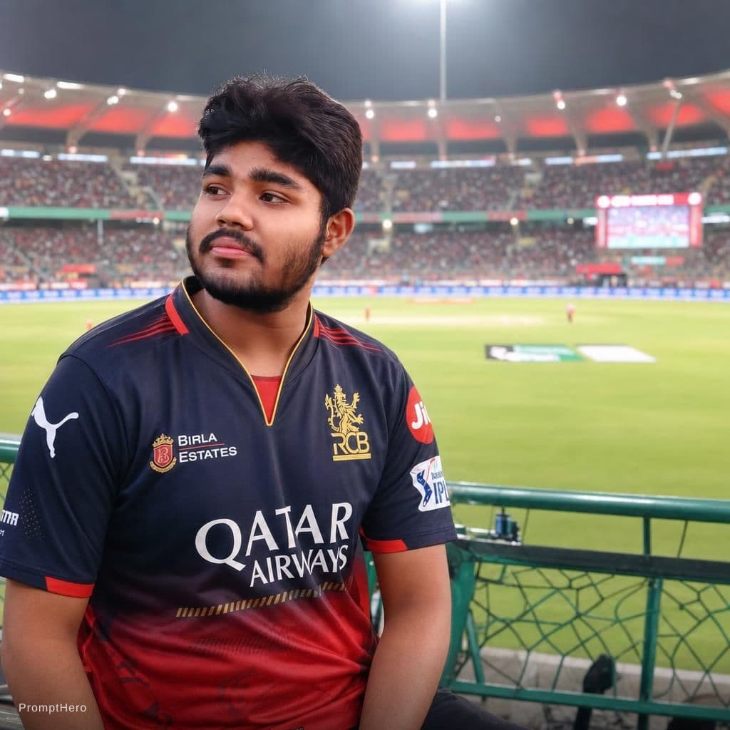 AI generated: Realistic HD cricket ground with RCB jersey .