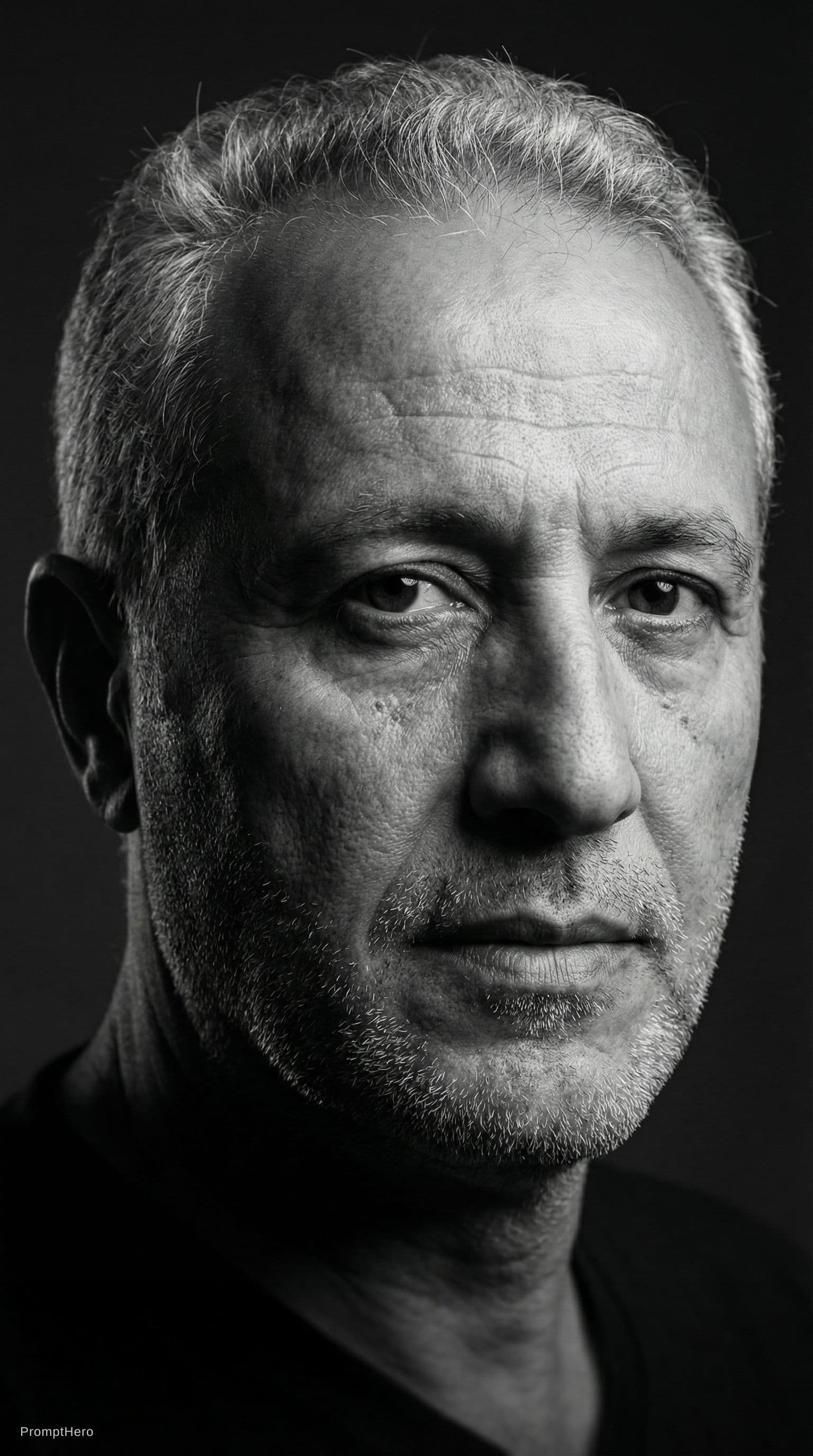 AI generated: High-definition black and white portrait of an attractive mature man, 60–80 years old. Minimalist be...