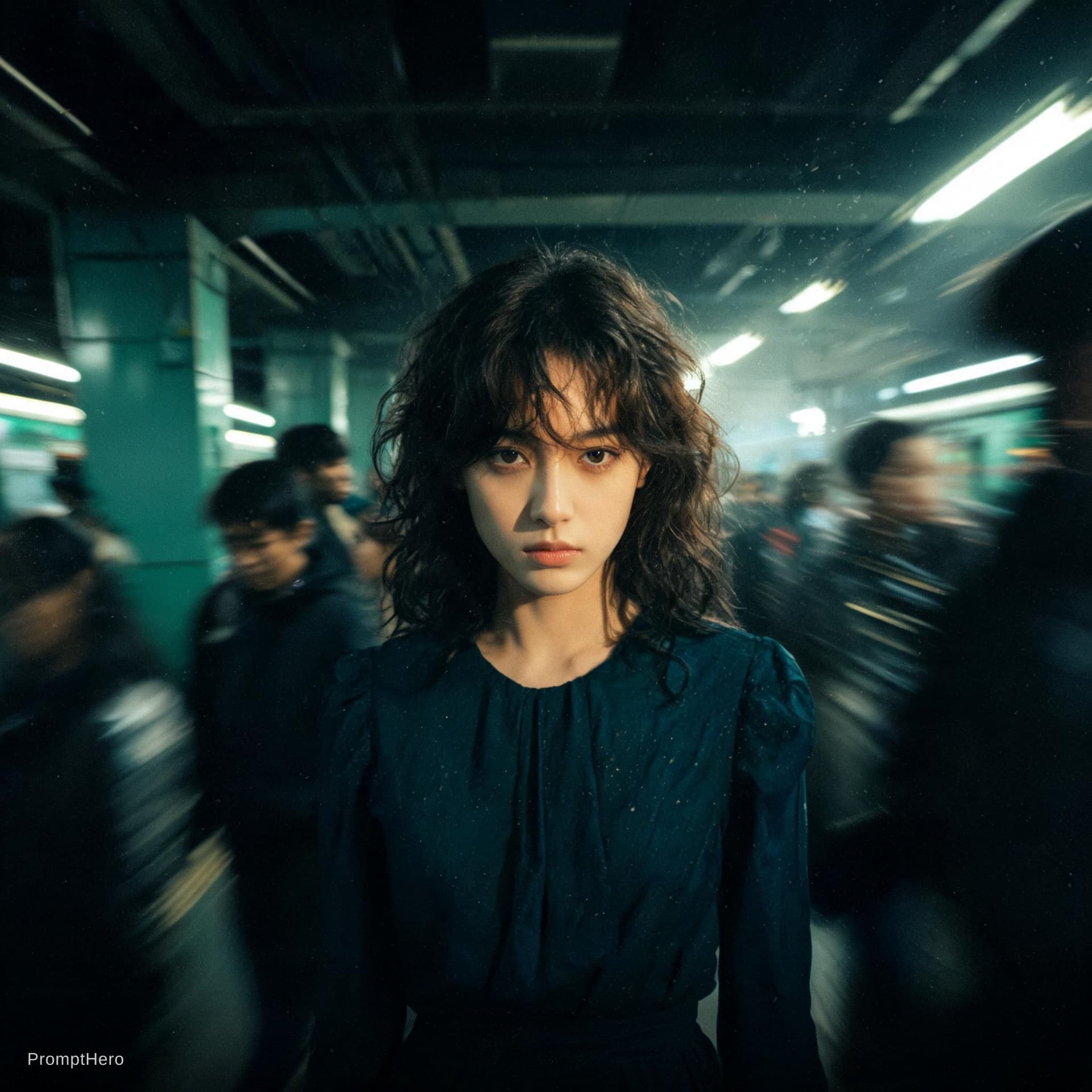 AI generated: Cinematic editorial portrait of a young women in her early twenties standing motionless at the
cente...