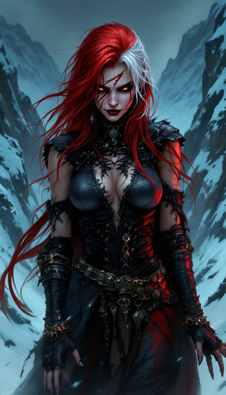 AI generated: Full body, Fantasy illustration of a evil female witch, in her thirties,red hair with a white streak...