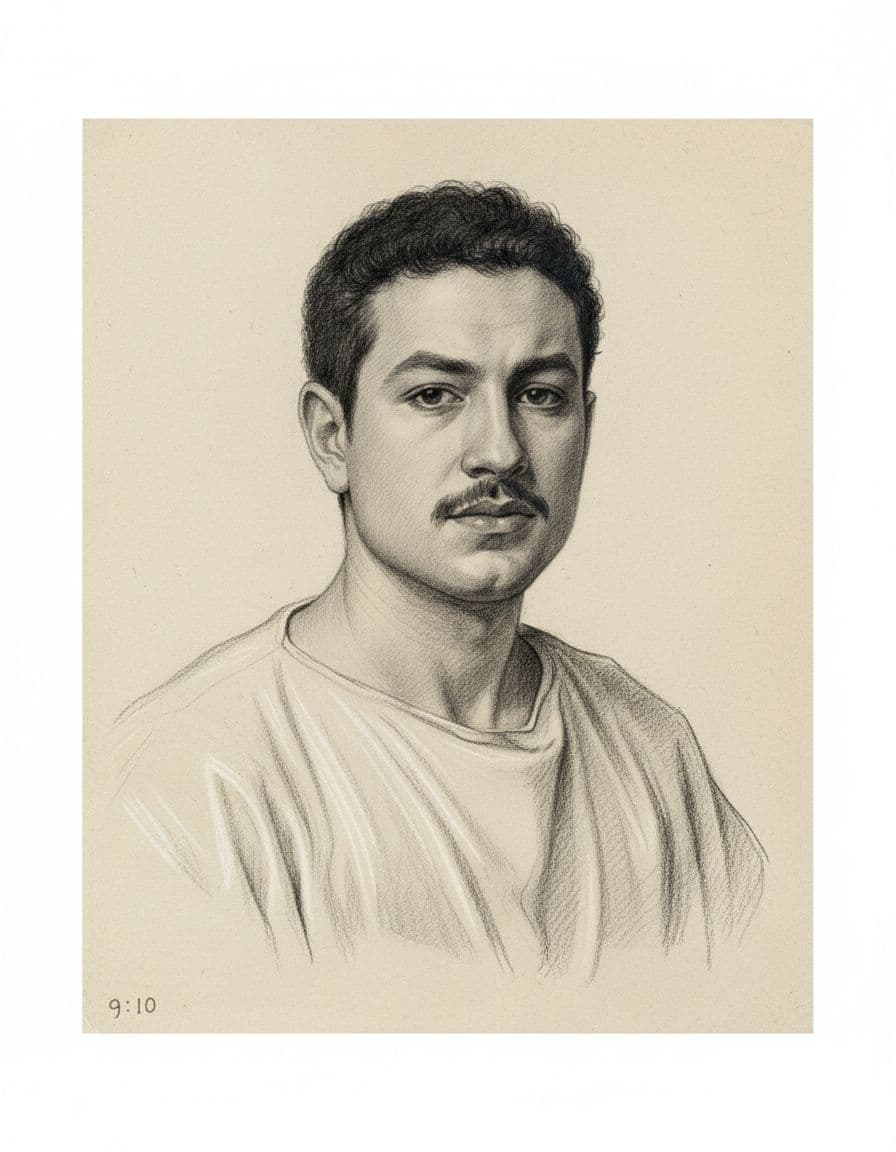 AI generated: young man with mustache and short hair, wearing white tunic, drawing in the style of Da Vinci, black...