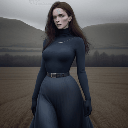 AI generated:  https://s.mj.run/VkuAQX8BeGw photo of a woman in the field is dressed for the camera, in the style ...