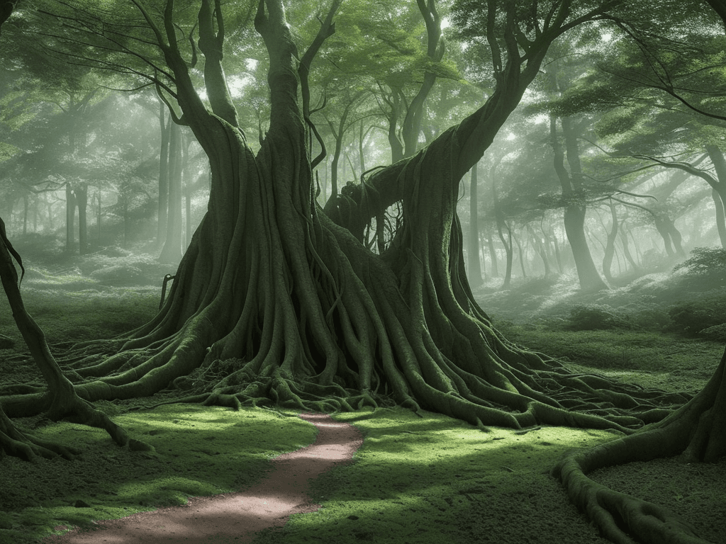 AI generated: a fantastical forest scene with a wide-angle perspective, showcasing a dense and vibrant environment...