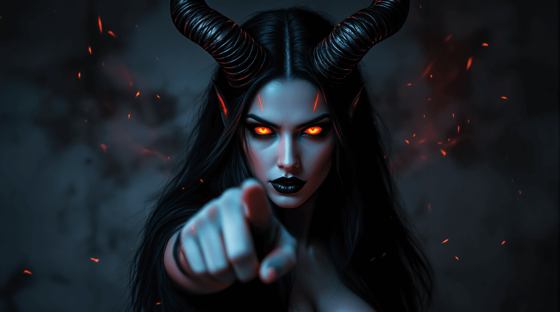 AI generated: fantasy picture: A seductive female demon in a dramatic portrait. Her face has sharp features with g...