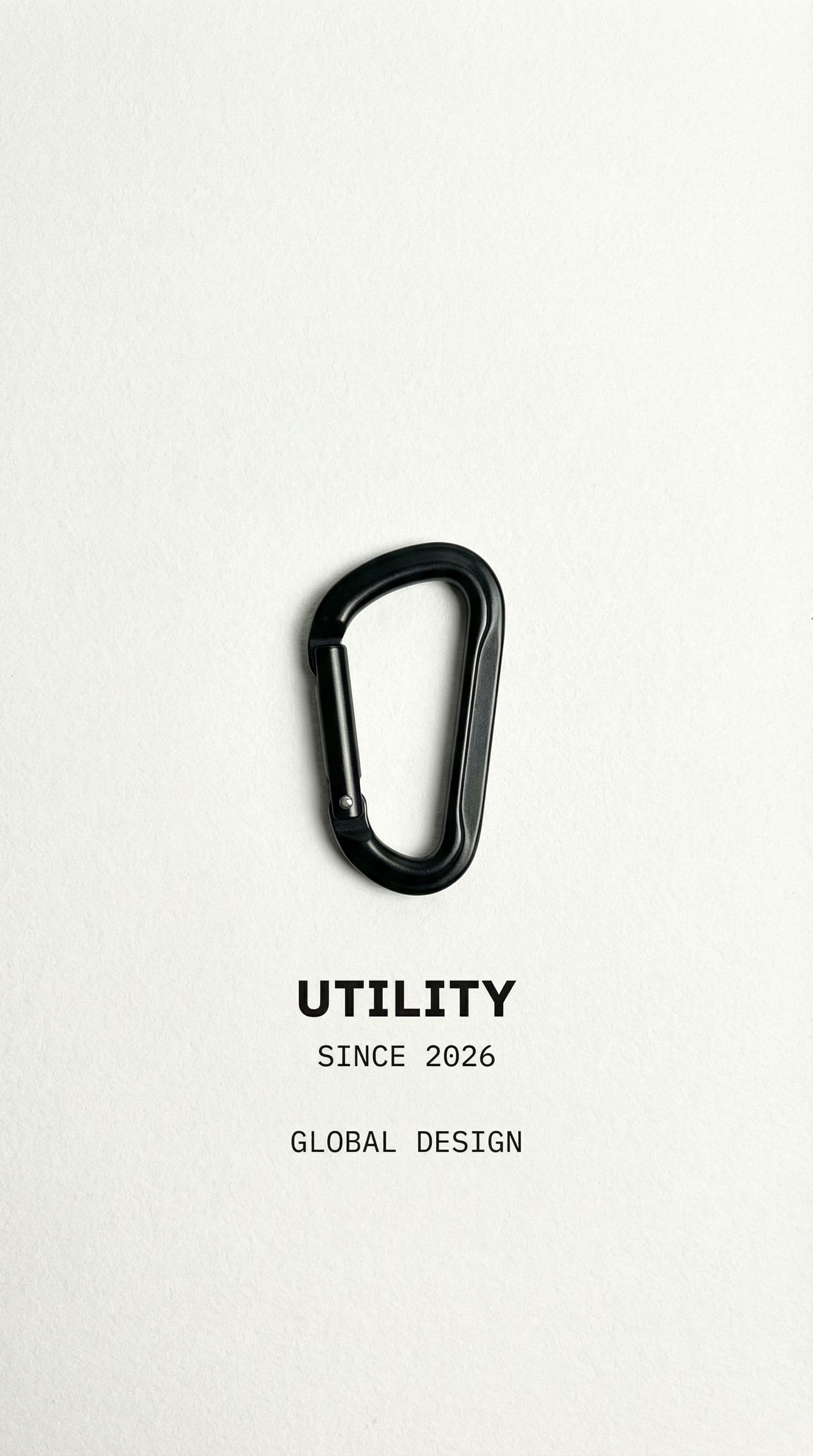 AI generated: A hyper-minimalist graphic design poster. A single, sleek, matte black **carabiner** centered on a c...