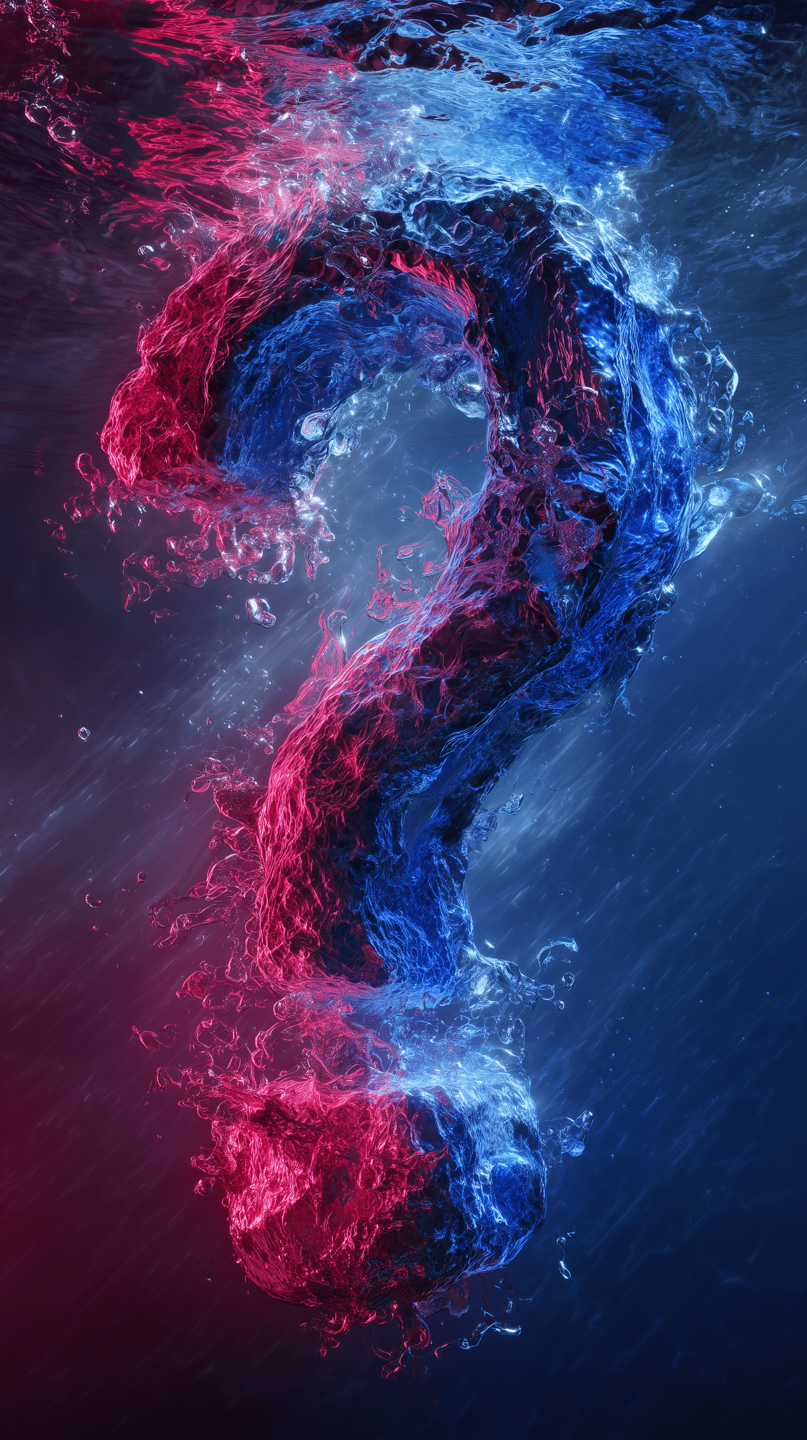 AI generated: render, letter question mark, crimson and electric blue color blend, under the water, swirling water...