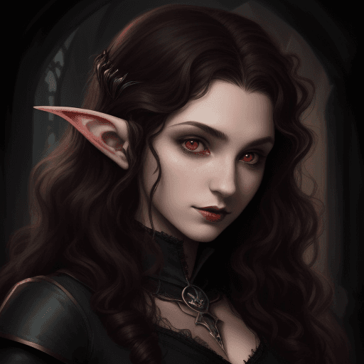 AI generated: dhampir half-elf female alchemist, dark curly hair, realistic portrait, gothic aesthetic