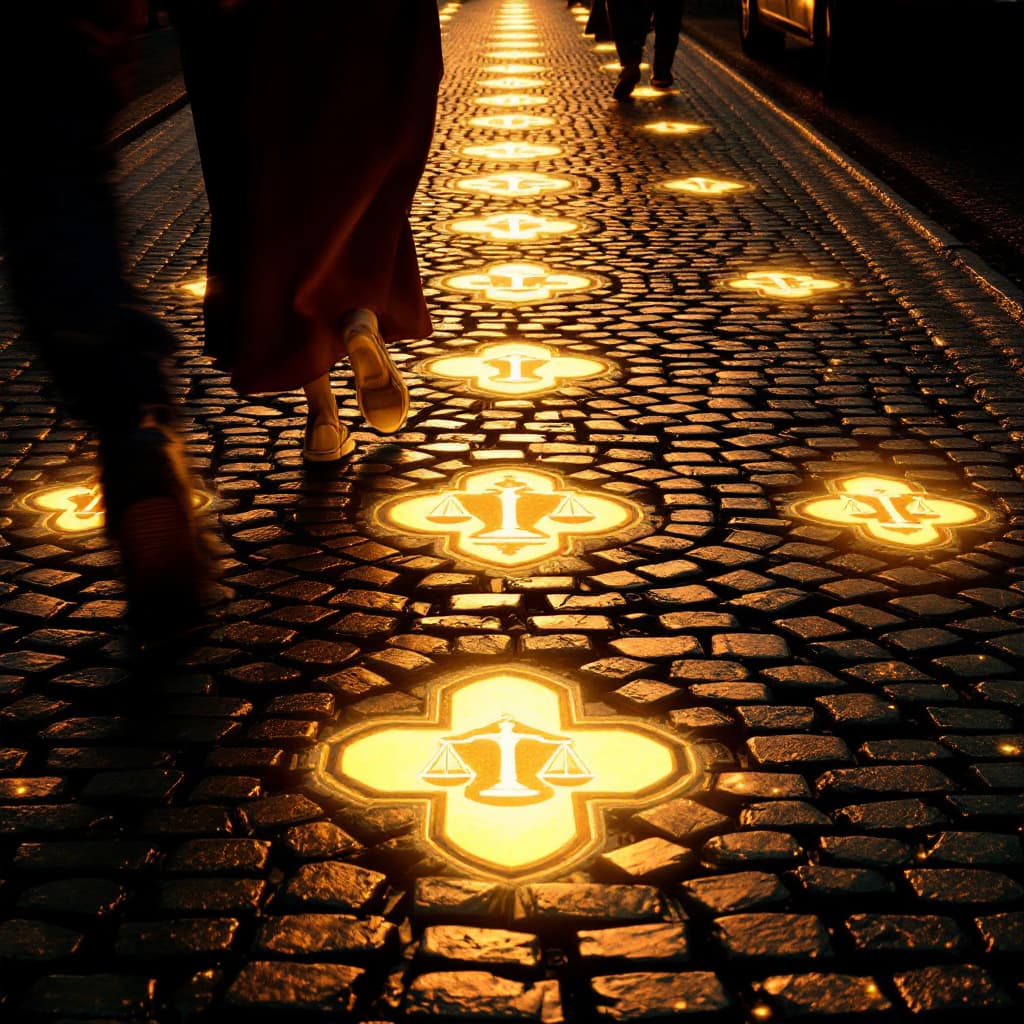 AI generated: "Whoever walks in integrity walks securely" — A cobblestone path glowing with symbols of truth and j...